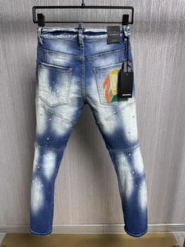 2023 Новые джинсовые брюки Мужские джинсы D2 Темно-синие Повседневные Модные заплатки с дырками, пятно краски, приталенные ножки Tide
