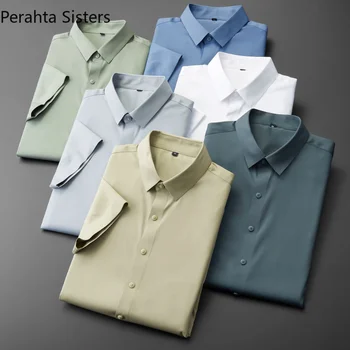Высококачественная Летняя деловая рубашка для мужчин, однотонная, с коротким рукавом, устойчивая к образованию складок, Не глаженая Корейская роскошная одежда