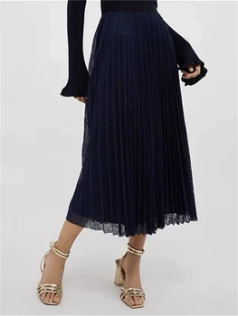 Женская плиссированная юбка с кружевным принтом Ранней осенью 2023 года, Новая универсальная женская юбка Миди трапециевидной формы с эластичной талией Jupe