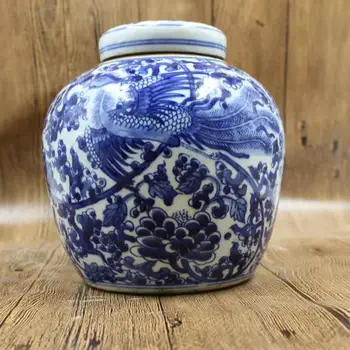 Китайская сине-белая фарфоровая банка, Дизайнерский горшок с цветами Феникса, 6,5 дюймов