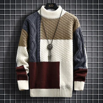 Осень и зима 2023, Новый контрастный свитер с полувысоким вырезом для мужчин, пуловер, подростковый свитер средней вязки для мужчин со средним вырезом снизу