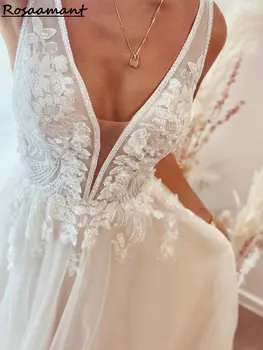 Реальное изображение Свадебное платье с глубоким V-образным вырезом и открытой спиной Трапециевидной формы С цветочными аппликациями, кружевные свадебные платья в стиле бохо