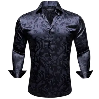 Рубашки мужские, шелковые, атласные, с вышивкой в виде черного цветка, с длинным рукавом, приталенные мужские блузки, Повседневные топы с лацканами, дышащие Barry Wang