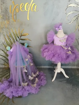 Фиолетовые тюлевые платья с цветочным узором для девочек на свадьбу, платье с оборками на день рождения, платье для первого причастия, платье для выпускного вечера со стразами для маленьких детей
